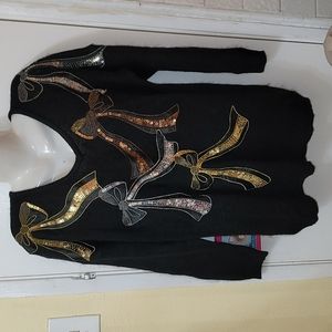 Vintage sweater silk sequin bows black v-neck by I.B. Diffusion tunic length B21